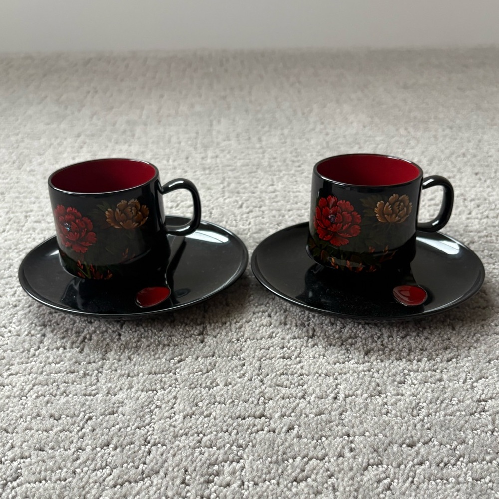 Lot of 2 Japanese Vintage Lacquer Tea Set Cup with Saucer and Spoon Red Black